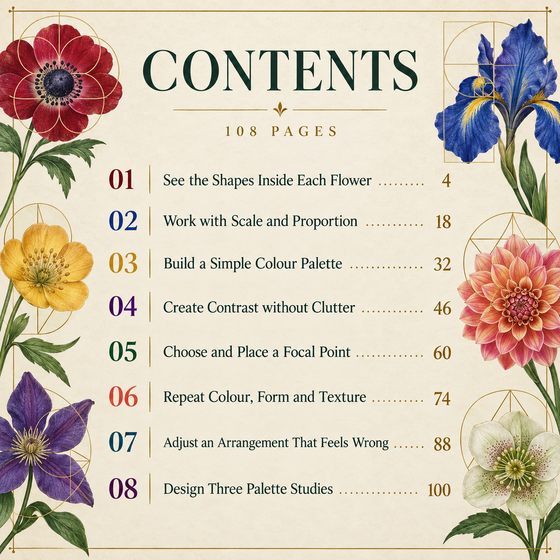 Contents pages with chapter start numbers for Colour & Shape in Flowers.