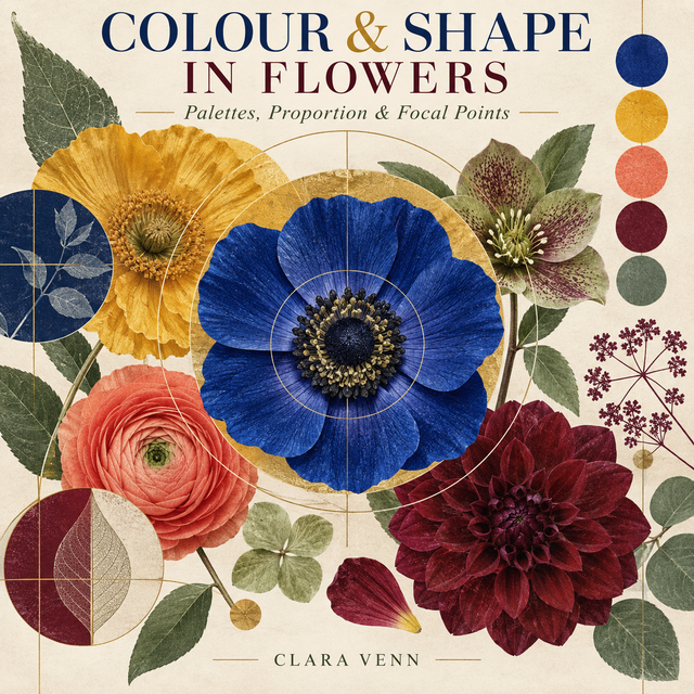 Cover of Colour & Shape in Flowers, an ELMAVERI digital flower-arranging guide.