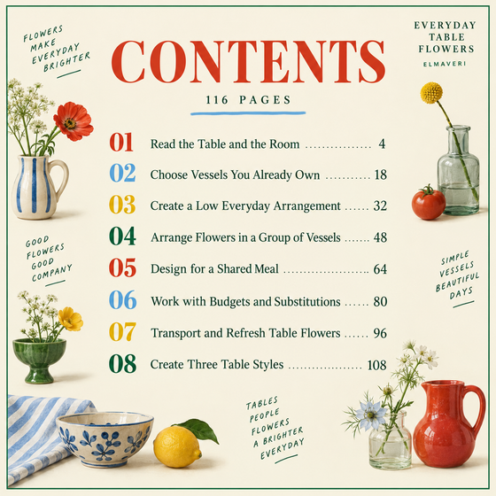 Contents pages with chapter start numbers for Everyday Table Flowers.
