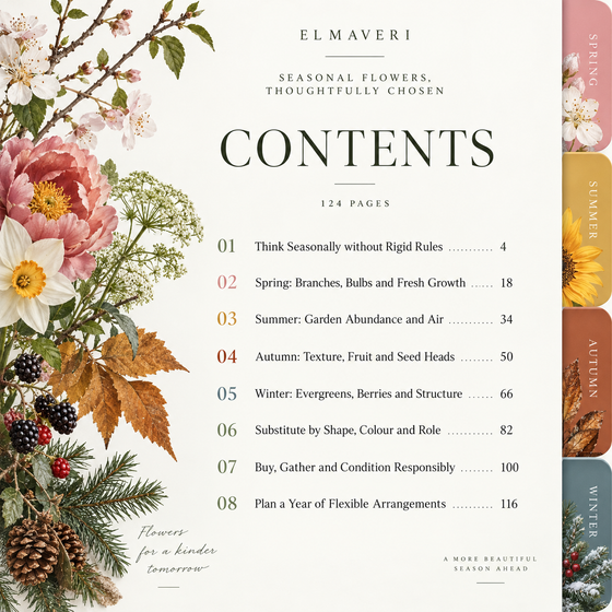 Contents pages with chapter start numbers for Seasonal Flowers, Thoughtfully Chosen.