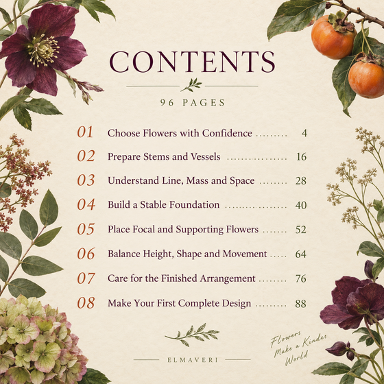 Contents pages with chapter start numbers for The First Flower Arrangement.